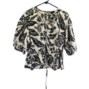 Who‎ What Wear Black Tan Linen Blend Women's 3/4 Sleeve Peplum Blouse Medium